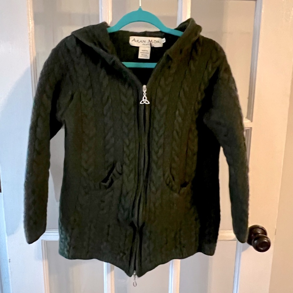 Aran Mor Irish Merino Wool Cable Knit Hooded Cardigan Sweater Large Hunter Green